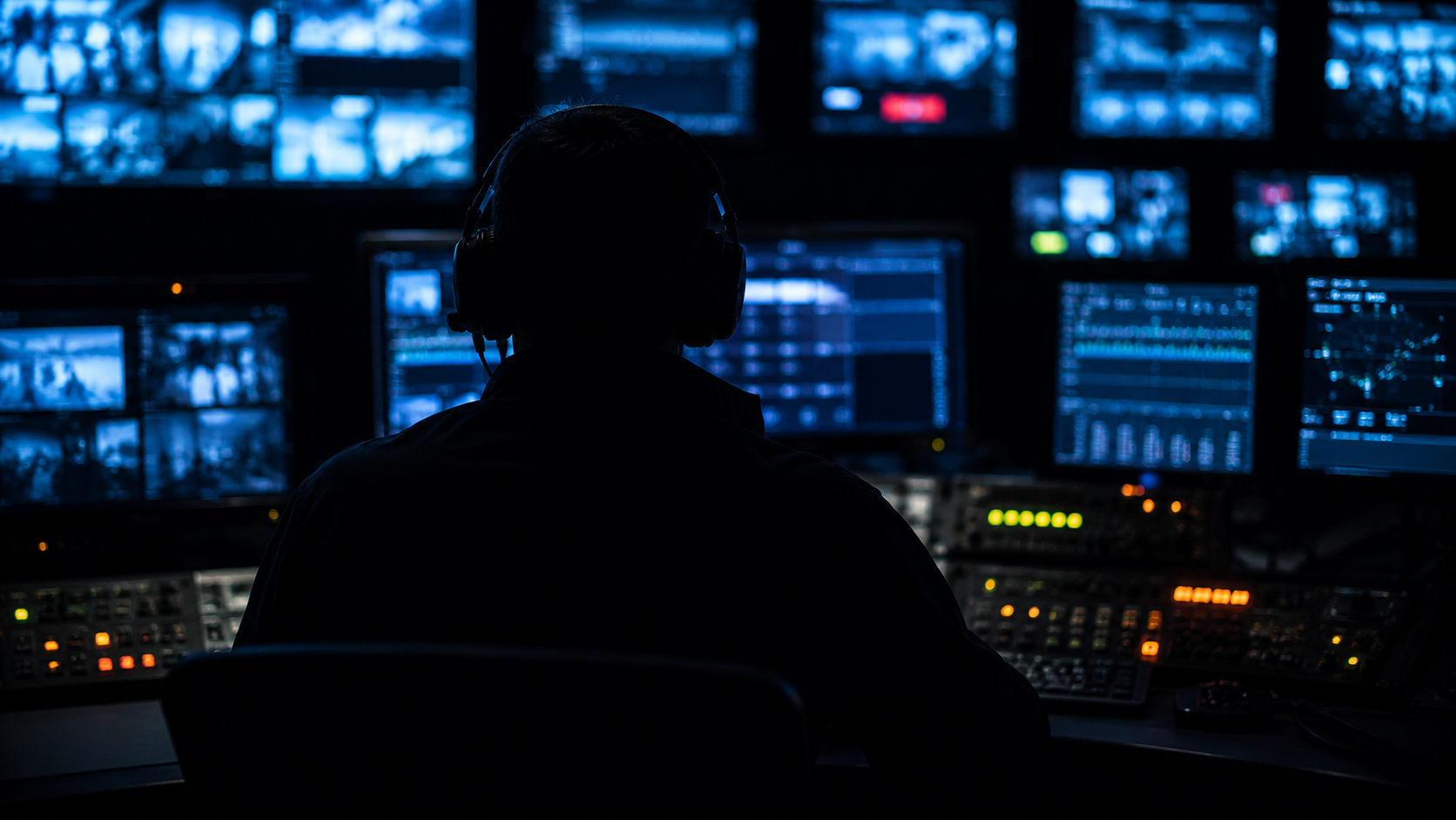 Operador en silueta frente a panel de monitoreo en master control