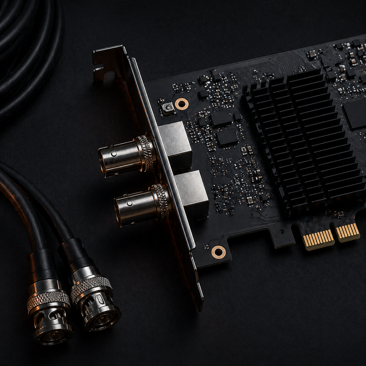 DeckLink macro con cables SDI BNC sobre fondo oscuro